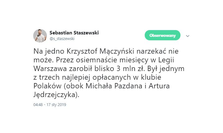 Tyle w 1,5 roku ZAROBIŁ Mączyński w Legii